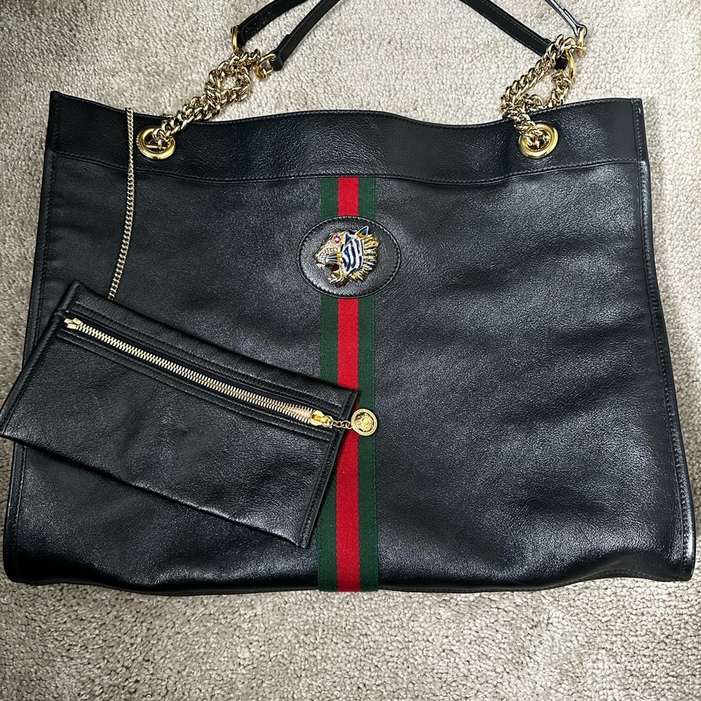 GUCCI Rajah Chain Tote Bag Leather Black 537219 Tiger head Purse 90191005 - Picture 3 of 5